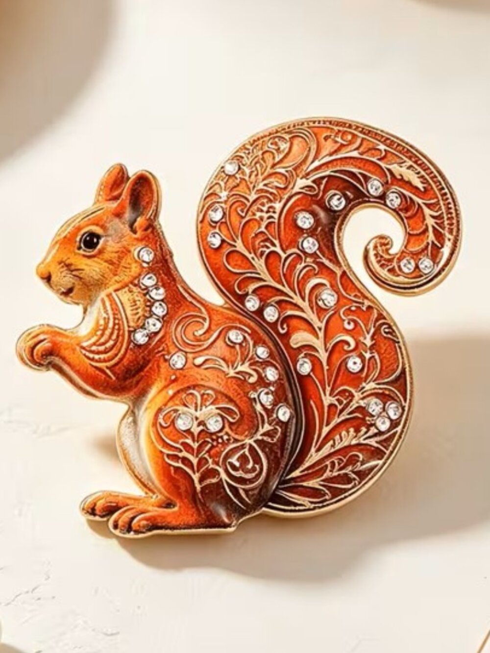 Gorgeous Squirrel Enamel Brooch, Rhinestone Inlaid Lapel Pin Z3
